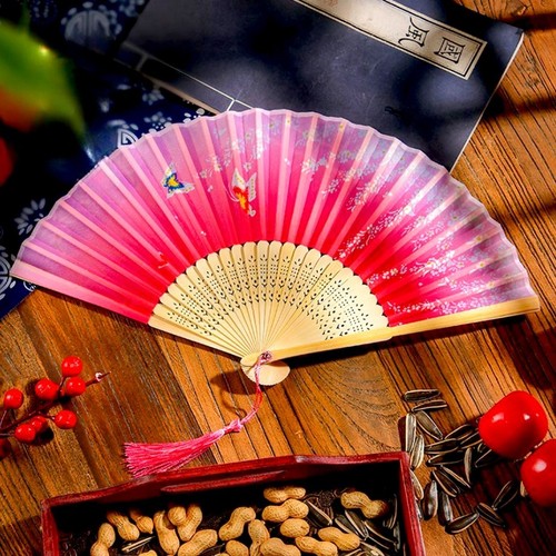 Vintage silk folding hand fan - hand,