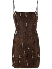 OSEREE Crystal Mini Dress Evening Square Neck Chocolate Brown Small RRP400