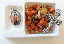 Saint Theresa wooden rosary beads with enamelled medal in clear case