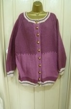 WOMENS HAND KNITTED PLUM CHUNKY KNIT CARDIGAN JACKET WOOL MIX YARN SZ 20-22 NEW