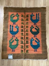 VINTAGE 60s DANISH WOVEN RUG BIRD MOTIF WAWEL BROSTE ORIGINAL LABEL 106 X 90cm