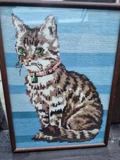 1970s framed cross stitch cat