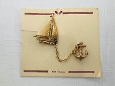 Charming Vintage 1940s Nautical Boat Anchor Double Brooch Pin Chain Made In USA 