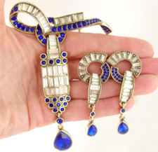 DESIGNER STYLE 4.5" BROOCH 2.5" EARRINGS ART DECO CRYSTAL RHINESTONE DANGLE SET