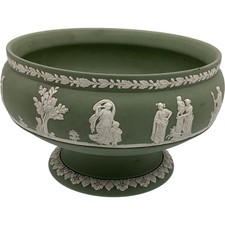 Vintage Green Ceramic Decorative Bowl White Relief Classical Figures AC