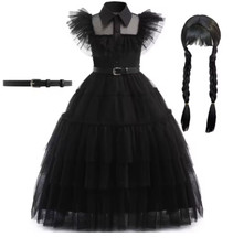 Wednesday The Addams Family Costume Girls Adams Fancy Dress Wig Party Outfit