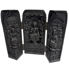 Vintage Folding Buddhist Triptych Carved Resin 3 Panel Travel Shrine 6.5"