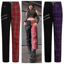 Ro Rox Split Leg Gothic Punk Tartan Trousers Red Purple Black Check Unisex Pants