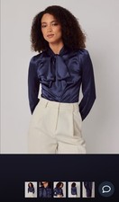 Hawes & Curtis Satin Navy Pussybow Blouse Women Size 10