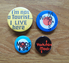 4 x VINTAGE 1980's TIN BADGES