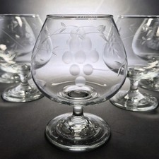 6x Brandy Cognac Snifter Balloon Glasses Etched Grapes Design 4 1/2" Tall 300ml