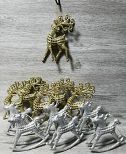 Vintage 12 Psc Christmas Ornaments Silver/Gold Glitter Reindeer & Rocking Horses