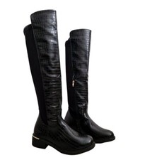 Womens Black Round Toe Block Heel Zip-Up Over The Knee Long Boots Shoes Size 3-8