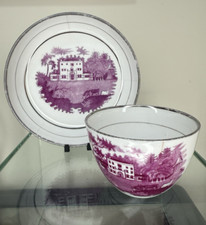 Purple Bat Painted Silver Lustre Cup & Saucer - Early 19th Century Country House