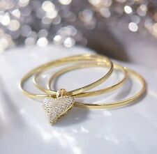 9ct Gold XP Ladies Gold Bangle Set Of 3 Cz Heart Charm Medium Gold Bangles 8" 