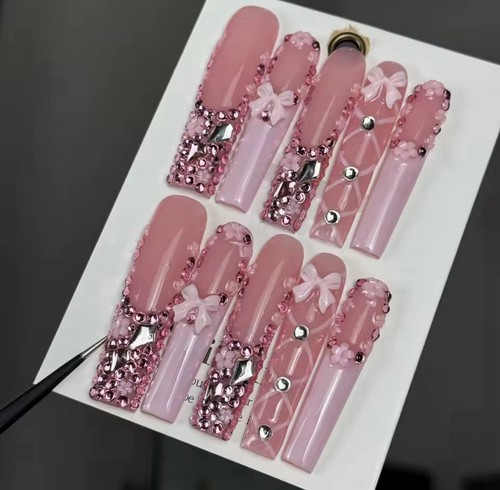 Pink bow press nails - bow, xs