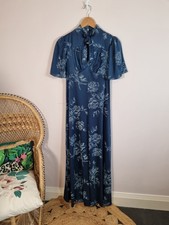 70s Vintage Original Cape Sleeve Navy Floral Maxi Dress 8/10