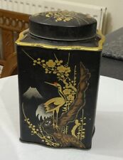Vintage Original Old Tea Tin Black Japanese Cranes Mount Fuji Screw Top