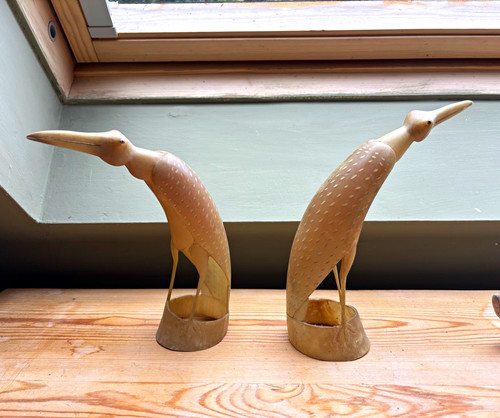 Pair carved wooden bird - carved,