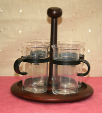WOODEN BODUM MUG STAND & FOUR GLASS MUGS, WOOD CUP CARRIER, DESIGNER R. NISSEN