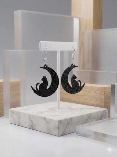 Black cat moon earrings - black,