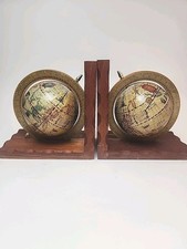 Vintage Old World Globe Bookends Set Wood Base Terrestrial Map Decor Library