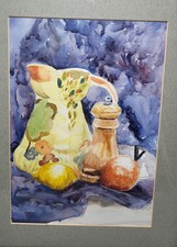 Vibrant Watercolour Still Life Painting Pitcher Jug Pepper Mill Fruit 43x33cm 