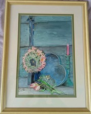 Vintage Framed Watercolour Titled 'Tulip Pomander' 2001 Signed 47cm x 36cm Blue