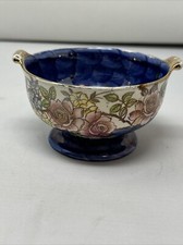 Vintage Maling Rosine Pottery Bowl Double Handle Blue Floral Lustre Ware