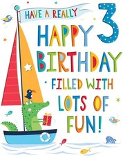 Age 3 Birthday Card For Boy. Dinosaur In Boat. 19x13cm (8x6 Inches)