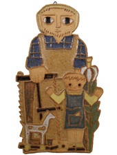 ST ANDREWS ABBEY STNWR CER PLAQUE 'JOSEPH THE CARPENTER & BOY' TOY HORSE, WD SAW