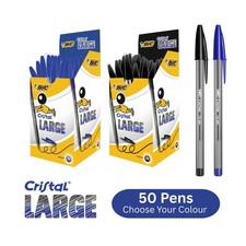 BIC Cristal Large Ballpoint Pens Black/Blue Biros 1.6mm Bold Writing 50-Pack