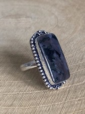 Indigo Gabbro Merlinite Ring Size Q 1/2 Sterling Silver 925 Plated Boho