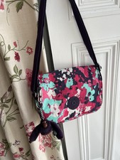Kipling Shoulder Bag Floral Pink Purple  Adjustable Strap Pockets Monkey