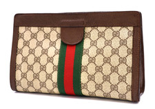 Gucci Vintage Bag Clutch Handbag Purse GG Emblem Sherry Brown Medium Authentic