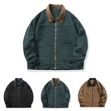Casual Spring Autumn Corduroy Cargo Jacket for Men Loose Lapel Zipper Coat