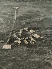 Ladies Silver Coloured Hairdresser Design Charm Bracelet And Handbag Necklace