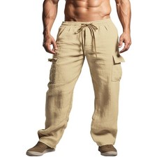 Mens Cotton Linen Cargo Elasticated Waist Pockets Pants Combat Work Trousers
