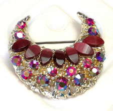 Vintage Moon Brooch Purple Rhinestone Crescent Moon Pin Mid Century Jewellery 