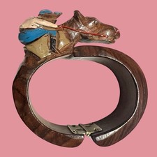 Jockey on Horse, Carved Wood Clamper Bracelet: Bakelite Era Hinged Bracelet