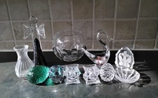 11 COLLECTABLE  GLASS ITEMS ( PAPERWEIGHT- SWAN- ANGEL-VASES-CANDLEHOLDERS )