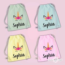 Personalised Any Name Unicorn Girls To Drawstring Bag PE GYM School Kids Pastel
