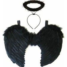 Black Dark Angel Fairy Feather Wings & Halo Fancy Dress Gothic Halloween Costume