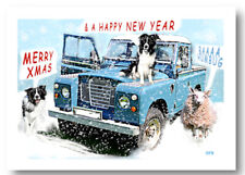 LAND ROVER & SHEEP DOGS CHRISTMAS CARD by Beachcomber Cards