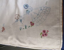 LARGE LINEN TABLE CLOTH with CRINOLINE LADY DESIGN (part embroidered)