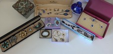 Vintage / retro sapphire glass jewellery job lot. Inc trinket box /glass bottle