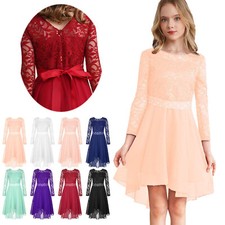 Kid Girls Floral Lace Chiffon High-Low Dresses Long Sleeve Pageant Party Dresses