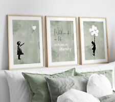 Set of 3 Banksy Heart Balloon Girl Wall Art Posters Quote Prints Pictures Green