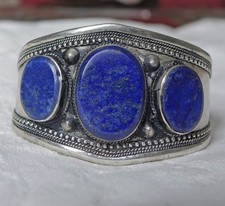 Lapis Lazuli Bangle Vintage Kuchi Afghan Cuff Bracelet Low Grade Silver