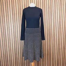 Roman Knitted Dress 12 Black Beige Below Knee Jumper Long Sleeve Flare